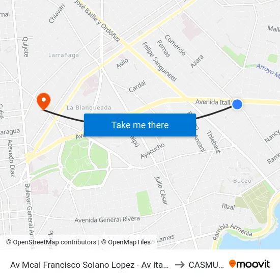 Av Mcal Francisco Solano Lopez - Av Italia to CASMU 3 map