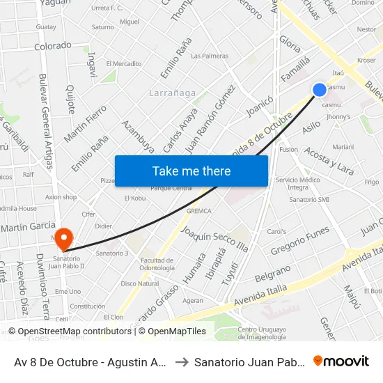 Av 8 De Octubre - Agustin Abreu to Sanatorio Juan Pablo II map