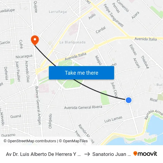 Av  Dr. Luis Alberto De Herrera Y Av Gral Rivera to Sanatorio Juan Pablo II map