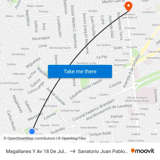Magallanes Y Av 18 De Julio to Sanatorio Juan Pablo II map