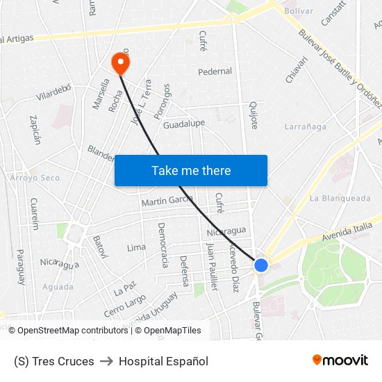 (S) Tres Cruces to Hospital Español map