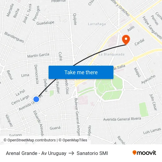 Arenal Grande - Av Uruguay to Sanatorio SMI map