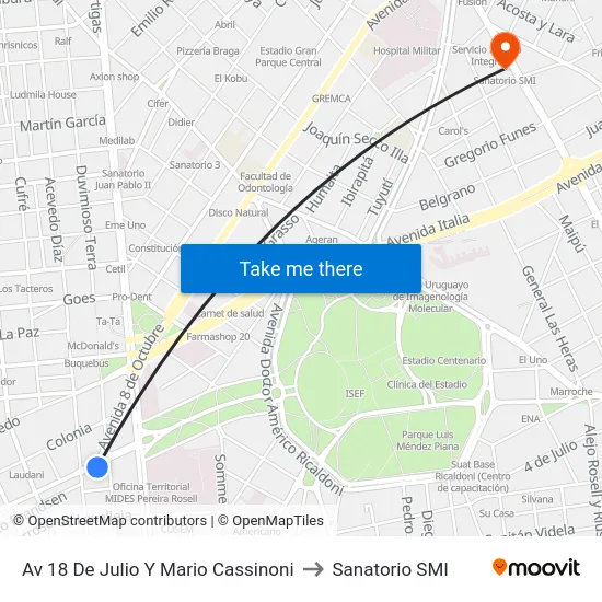 Av 18 De Julio Y Mario Cassinoni to Sanatorio SMI map
