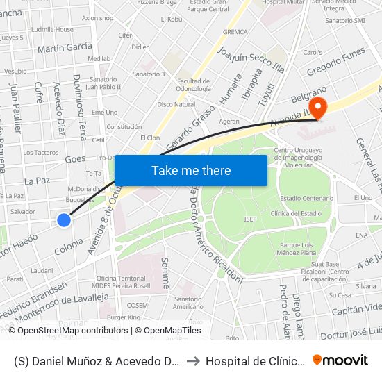 (S) Daniel Muñoz & Acevedo Díaz to Hospital de Clínicas map