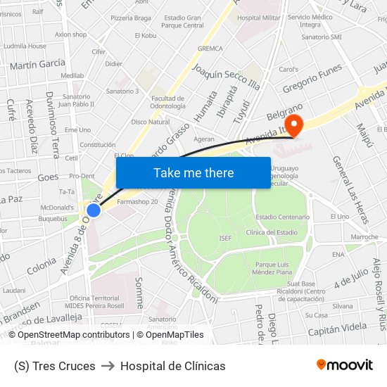 (S) Tres Cruces to Hospital de Clínicas map