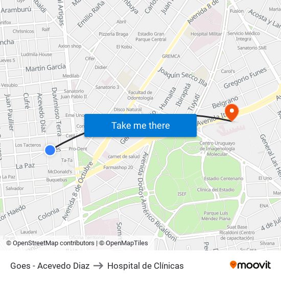 Goes - Acevedo Diaz to Hospital de Clínicas map