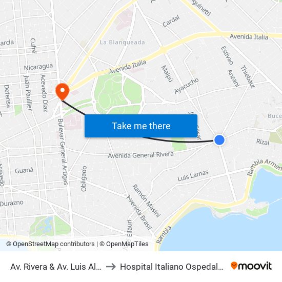 Av. Rivera & Av. Luis Alberto De Herrera to Hospital Italiano Ospedale Italiano Umberto I map