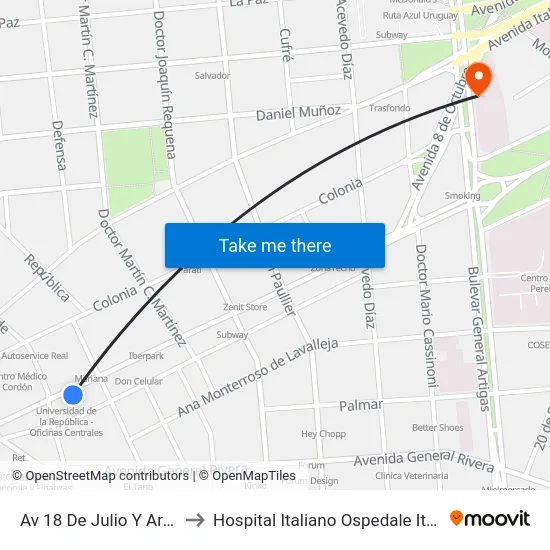 Av 18 De Julio Y Arenal Grande to Hospital Italiano Ospedale Italiano Umberto I map