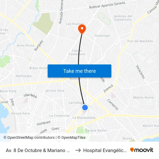 Av. 8 De Octubre & Mariano Moreno (H. Militar) to Hospital Evangélico Mutualista map
