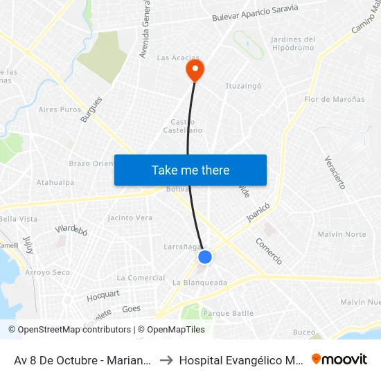 Av 8 De Octubre - Mariano Moreno to Hospital Evangélico Mutualista map
