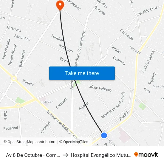 Av 8 De Octubre - Comercio to Hospital Evangélico Mutualista map