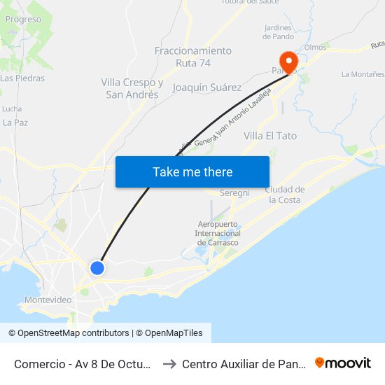 Comercio - Av 8 De Octubre to Centro Auxiliar de Pando map