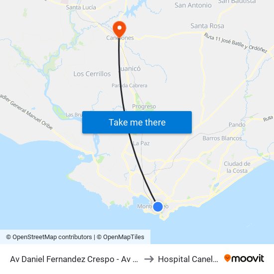 Av Daniel Fernandez Crespo - Av Uruguay to Hospital Canelones map