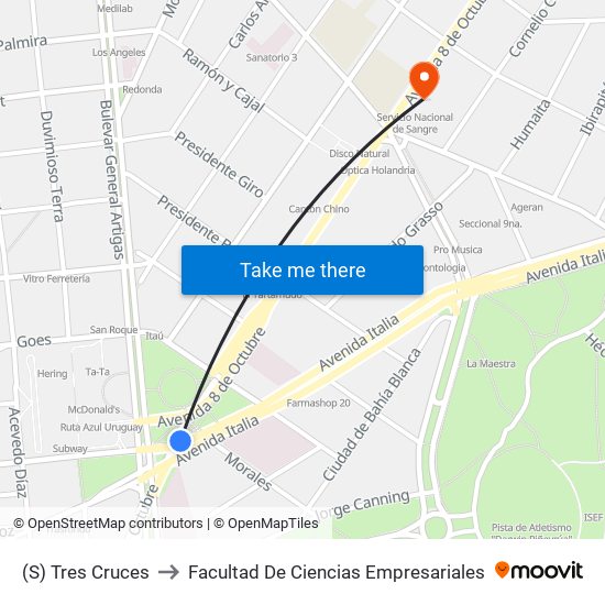 (S) Tres Cruces to Facultad De Ciencias Empresariales map