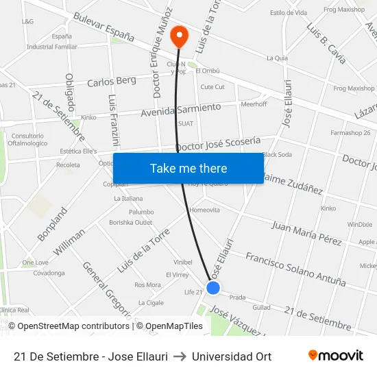 21 De Setiembre - Jose Ellauri to Universidad Ort map