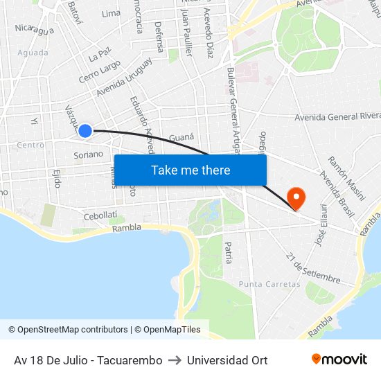 Av 18 De Julio - Tacuarembo to Universidad Ort map