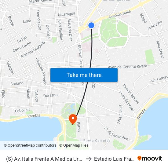 (S) Av. Italia Frente A Medica Uruguaya to Estadio Luis Franzini map