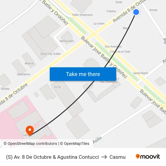 (S) Av. 8 De Octubre & Agustina Contucci to Casmu map