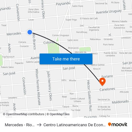 Mercedes - Rio Branco to Centro Latinoamericano De Economía Humana map