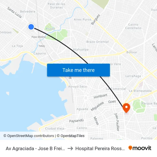 Av Agraciada - Jose B Freire to Hospital Pereira Rossell map