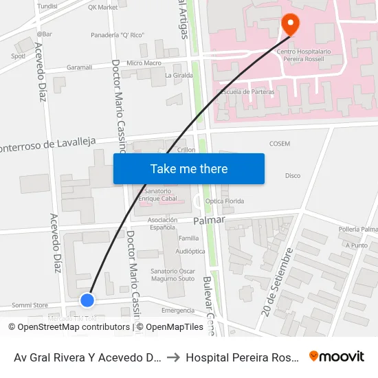 Av Gral Rivera Y Acevedo Diaz to Hospital Pereira Rossell map