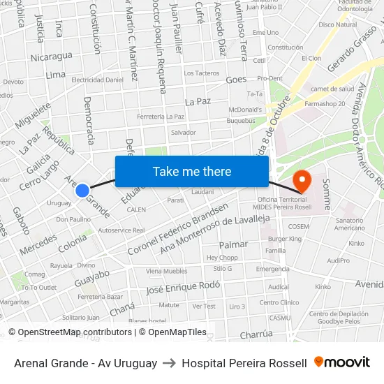 Arenal Grande - Av Uruguay to Hospital Pereira Rossell map