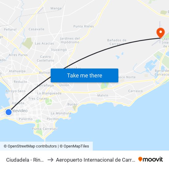 Ciudadela - Rincon to Aeropuerto Internacional de Carrasco map