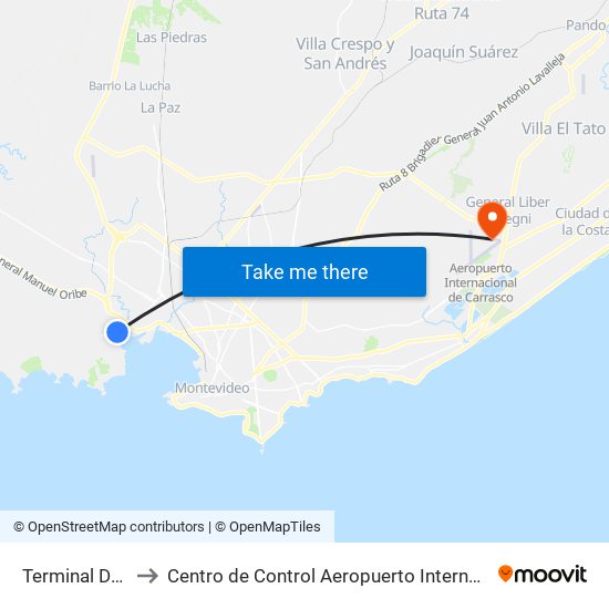 Terminal Del Cerro to Centro de Control Aeropuerto Internacional de Carrasco map