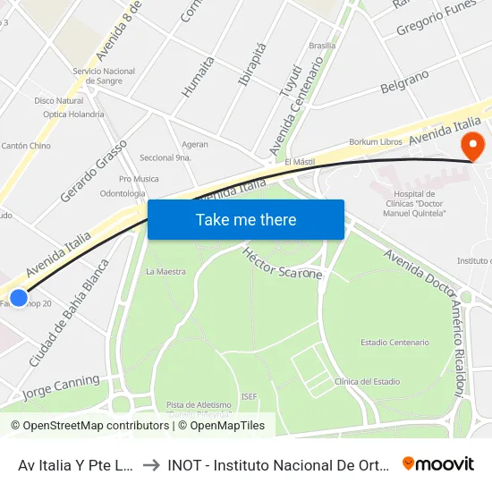 Av Italia Y Pte Lorenzo Batlle to INOT - Instituto Nacional De Ortopedia Y  Traumatologia map