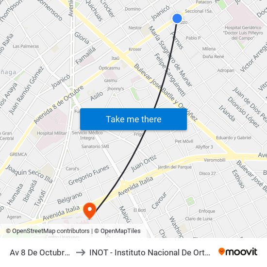 Av 8 De Octubre - Comercio to INOT - Instituto Nacional De Ortopedia Y  Traumatologia map