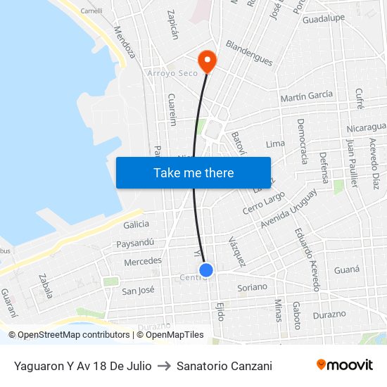 Yaguaron Y Av 18 De Julio to Sanatorio Canzani map