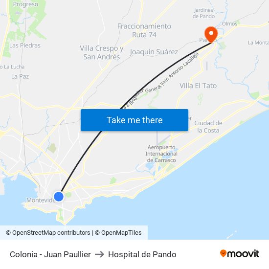 Colonia - Juan Paullier to Hospital de Pando map
