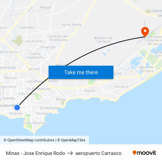 Minas - Jose Enrique Rodo to aeropuerto Carrasco map
