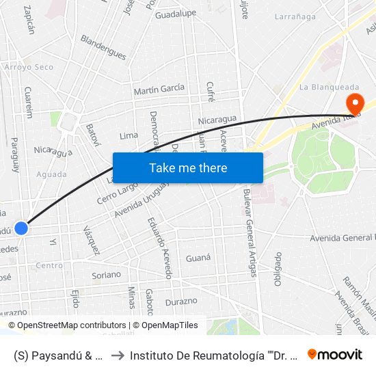 (S) Paysandú & Paraguay to Instituto De Reumatología ""Dr. Moisés Mizraji"" map