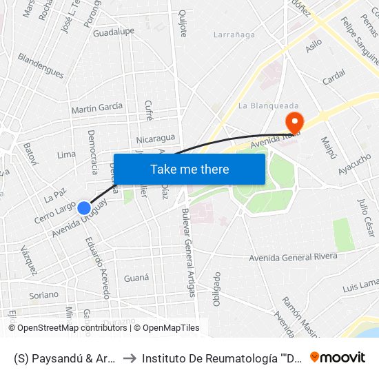 (S) Paysandú & Arenal Grande to Instituto De Reumatología ""Dr. Moisés Mizraji"" map