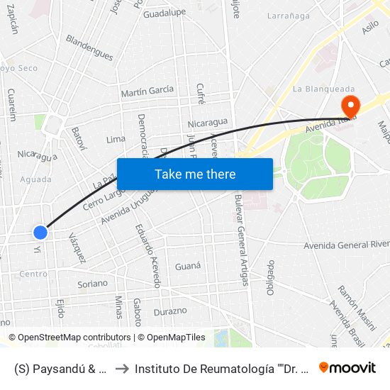 (S) Paysandú & Yaguarón to Instituto De Reumatología ""Dr. Moisés Mizraji"" map