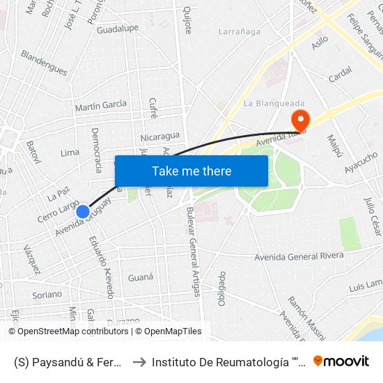 (S) Paysandú & Fernández Crespo to Instituto De Reumatología ""Dr. Moisés Mizraji"" map