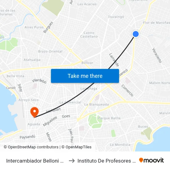 Intercambiador Belloni Anden 5 to Instituto De Profesores Artigas map