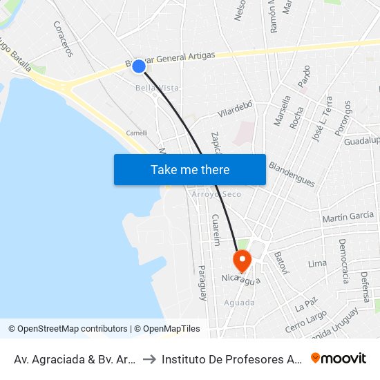 Av. Agraciada & Bv. Artigas to Instituto De Profesores Artigas map