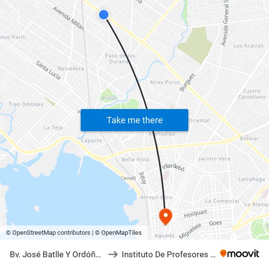 Bv. José Batlle Y Ordóñez Y Bell to Instituto De Profesores Artigas map