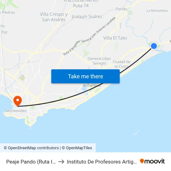 Peaje Pando (Ruta Ib) to Instituto De Profesores Artigas map