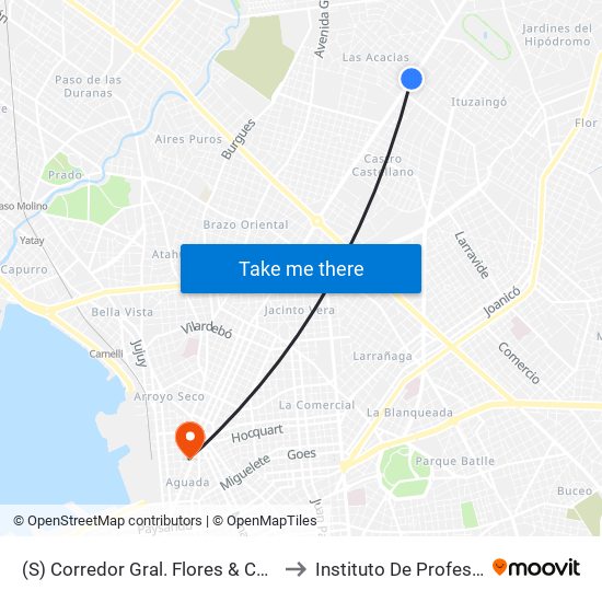 (S) Corredor Gral. Flores & Carreras Nacionales to Instituto De Profesores Artigas map