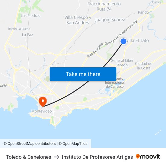 Toledo & Canelones to Instituto De Profesores Artigas map