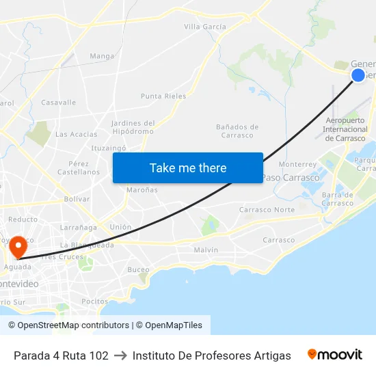 Parada 4 Ruta 102 to Instituto De Profesores Artigas map