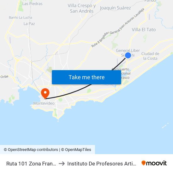 Ruta 101 Zona Franca to Instituto De Profesores Artigas map