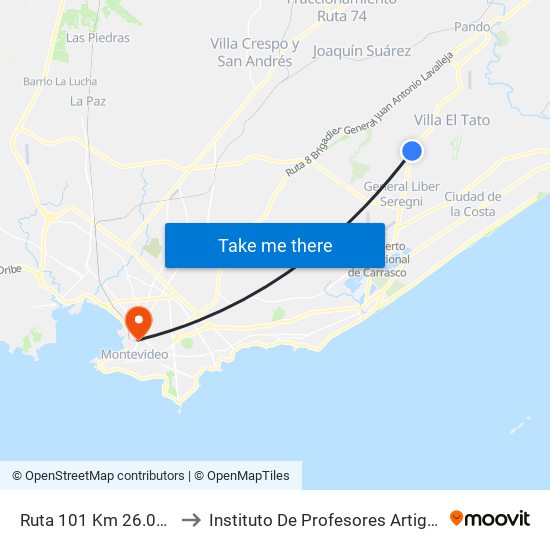 Ruta 101 Km 26.000 to Instituto De Profesores Artigas map