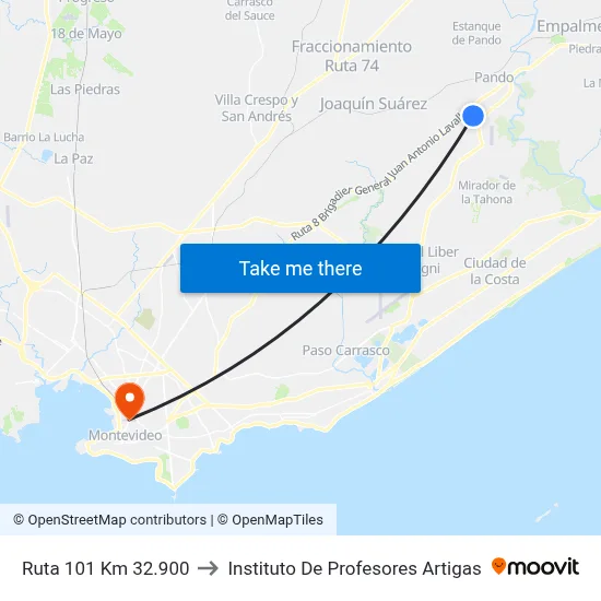 Ruta 101 Km 32.900 to Instituto De Profesores Artigas map