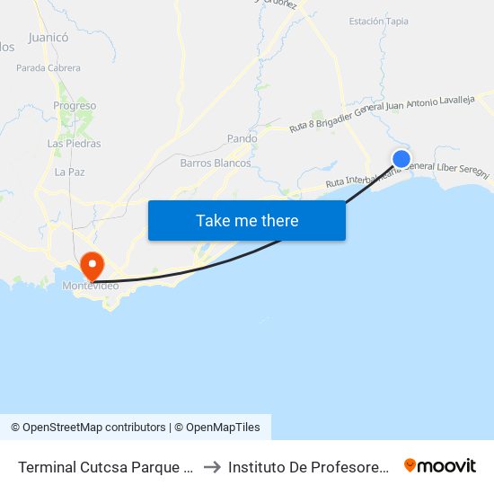 Terminal Cutcsa Parque Del Plata to Instituto De Profesores Artigas map