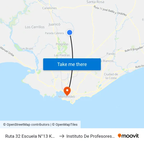 Ruta 32 Escuela N°13 Km33.000 to Instituto De Profesores Artigas map