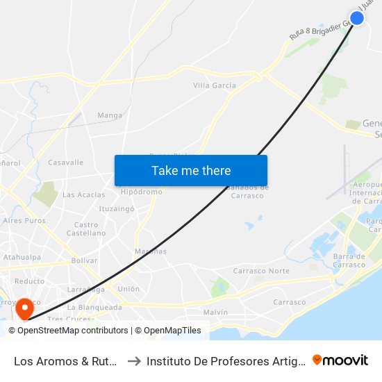 Los Aromos & Ruta 8 to Instituto De Profesores Artigas map